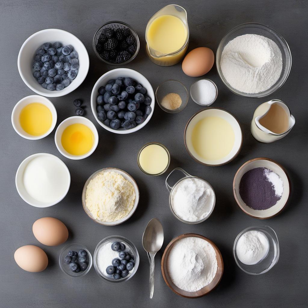 Items needed to answer the question, How do I bake delicious blueberry muffins. Items include:  All-Purpose Flour  Granulated Sugar  Unsalted Butter  Milk  Large Eggs  Baking Powder  Salt  Fresh Blueberries
