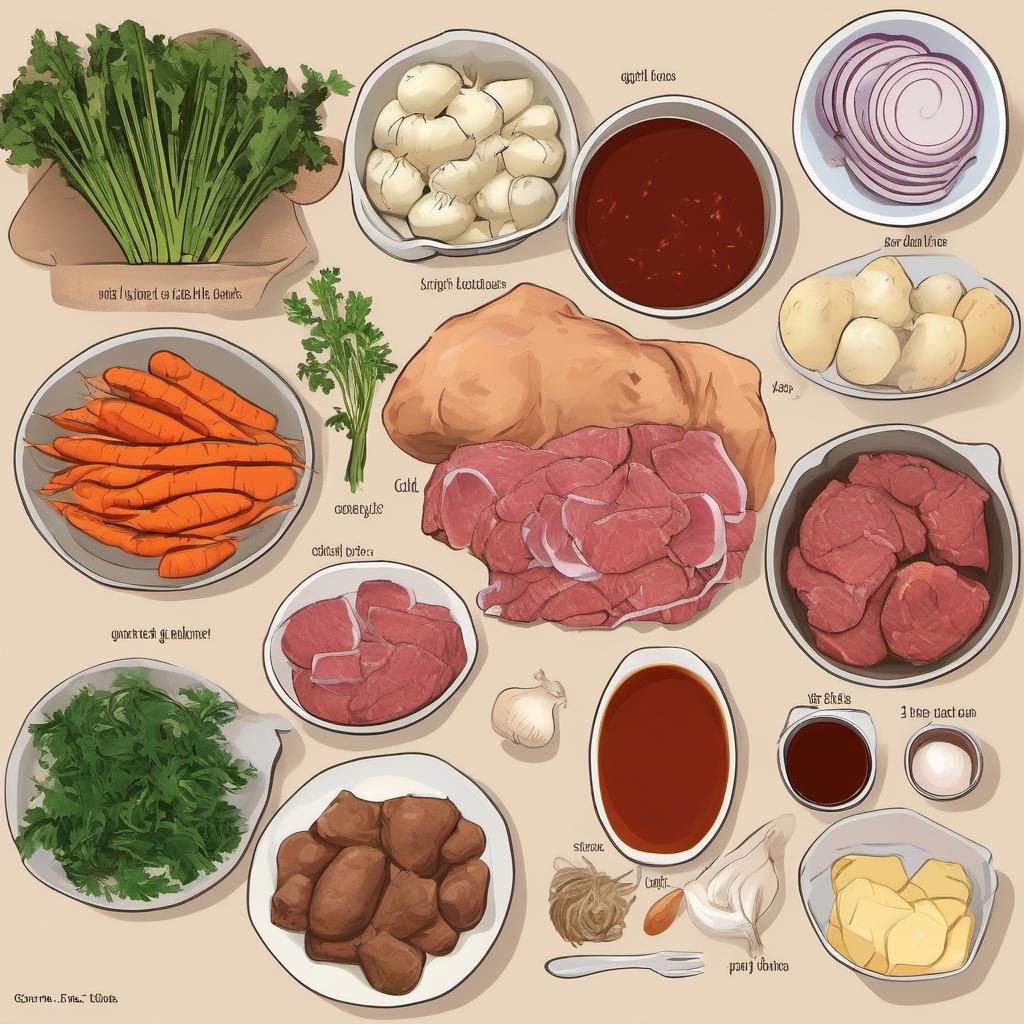 Items needed to answer the question, How do I cook a savory beef stew. Items include:  Beef  Onions  Garlic cloves  Carrots  Potatoes  Beef broth  Beef chunks  Onions  Carrots  Potatoes  Garlic  Beef broth  Tomato paste  Worcestershire sauce  Herbs and seasonings