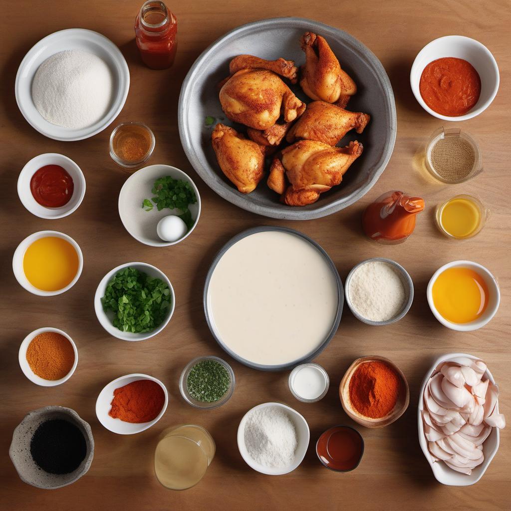 Items needed to answer the question, How do I cook a crispy and golden fried chicken. Items include:  Chicken pieces  Buttermilk  Hot sauce  All-purpose flour  Salt  Paprika  Cayenne pepper  Eggs  Milk  Vegetable oil
