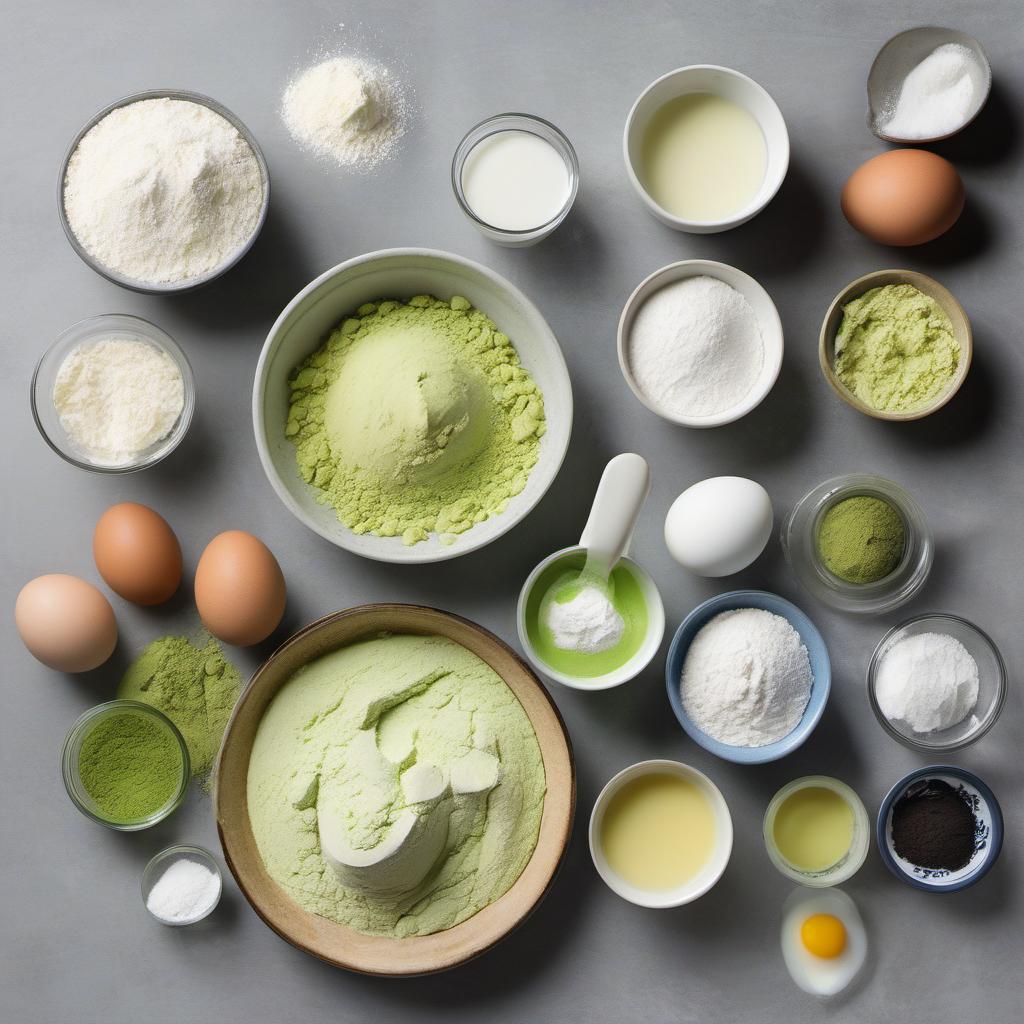 Items needed to answer the question, How do I make Matcha Pancakes. Items include:  all-purpose flour  sugar  matcha powder  baking powder  baking soda  salt  buttermilk  milk  egg  butter