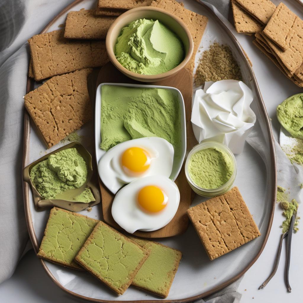Items needed to answer the question, How do I whip up Matcha Cheesecake. Items include:  cream cheese  sugar  matcha powder  graham cracker crumbs  butter  vanilla extract  eggs  heavy cream