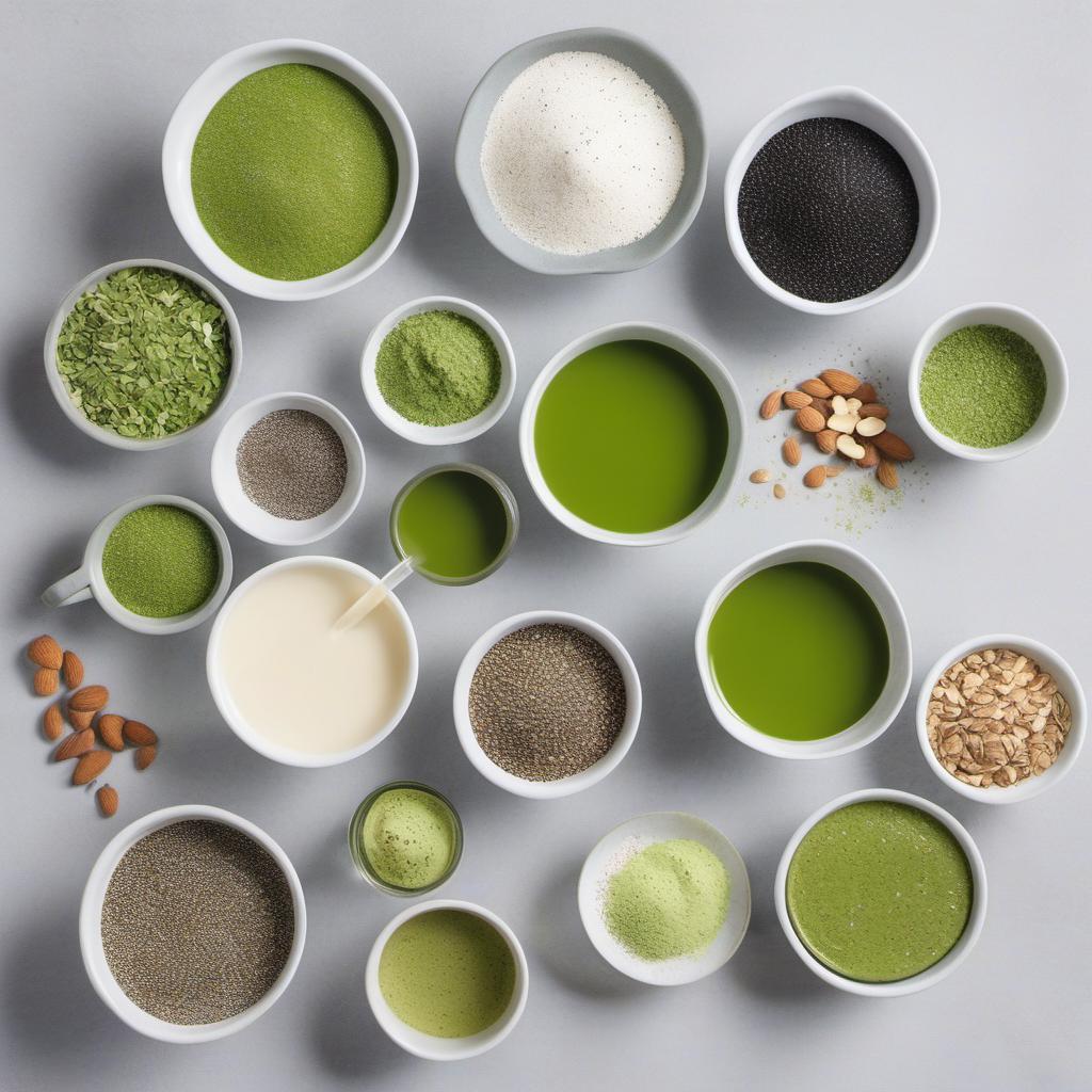 Items needed to answer the question, How do I prepare Matcha Chia Pudding. Items include:  chia seeds  unsweetened almond milk  matcha powder  sweetener of your choice