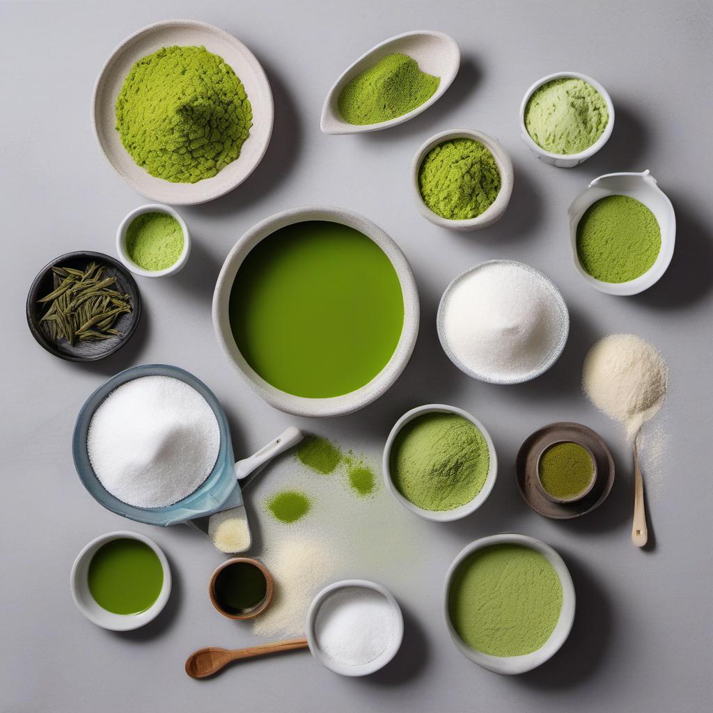 Items needed to answer the question, How do I make Matcha Mochi. Items include:  glutinous rice flour  sugar  matcha powder  water  cornstarch  powdered sugar