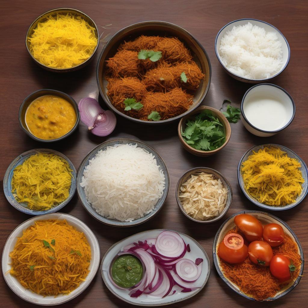 Items needed to answer the question, How do I prepare fragrant Indian Biryani for my Thali. Items include:  Basmati rice  Meat of choice  Aromatic spices (cinnamon, cardamom, bay leaves, and cloves)  Onions  Tomatoes  Yogurt  Saffron  Ginger-garlic paste  Turmeric  Chili powder  Garam masala  Salt  Coriander leaves  Fried onions