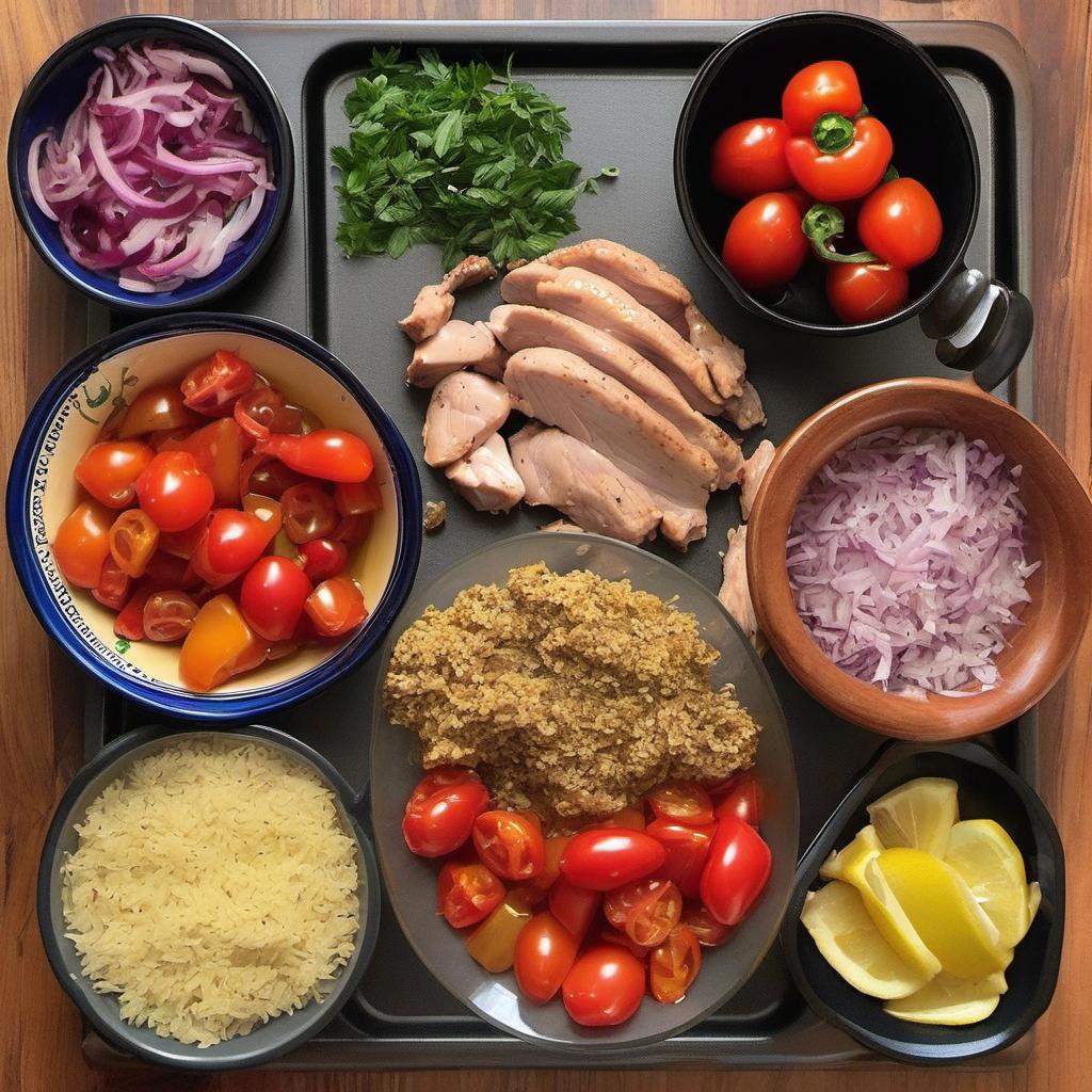 Items needed to answer the question, How do I make Greek Souvlaki skewers. Items include:  Chicken or Pork  Olive Oil  Lemon Juice  Garlic Cloves  Dried Oregano  Salt and Pepper  Bell Peppers  Red Onion  Cherry Tomatoes  Pita Bread  Tzatziki Sauce  Greek Salad