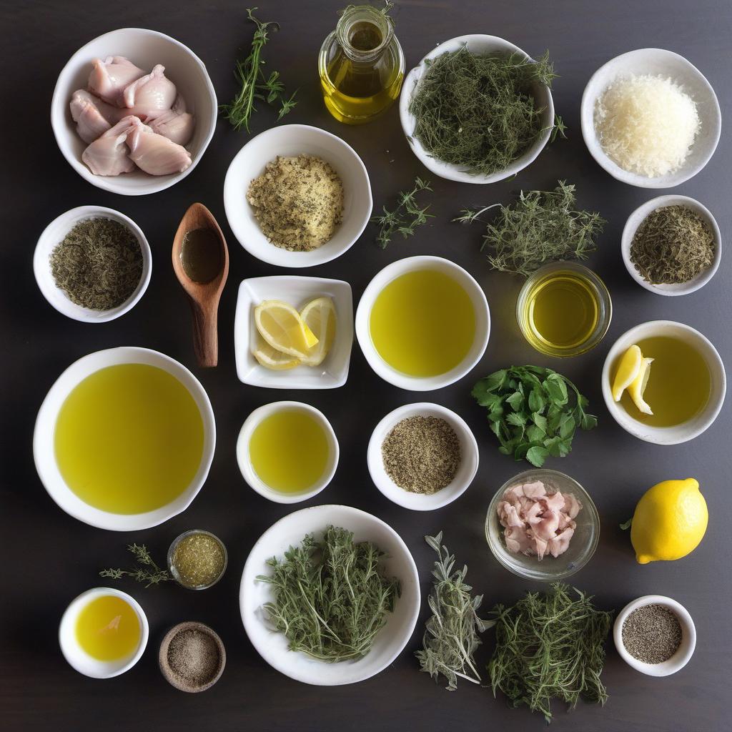 Items needed to answer the question, How do I marinate Greek Souvlaki meat. Items include:  Olive oil  Lemon juice  Garlic cloves  Dried oregano  Dried thyme  Salt  Black pepper  Cubed chicken, pork, or lamb
