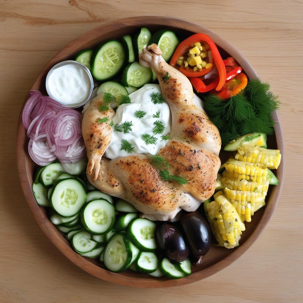 Items needed to answer the question, How do I assemble a Greek Souvlaki platter. Items include:  Chicken or Pork (cubed)  Olive Oil  Lemon Juice  Garlic Cloves (minced)  Salt and Pepper  Greek Yogurt  Cucumber (peeled and grated)  Dill (chopped)  Onion (chopped)  Bell Pepper (chopped)  Pita Bread