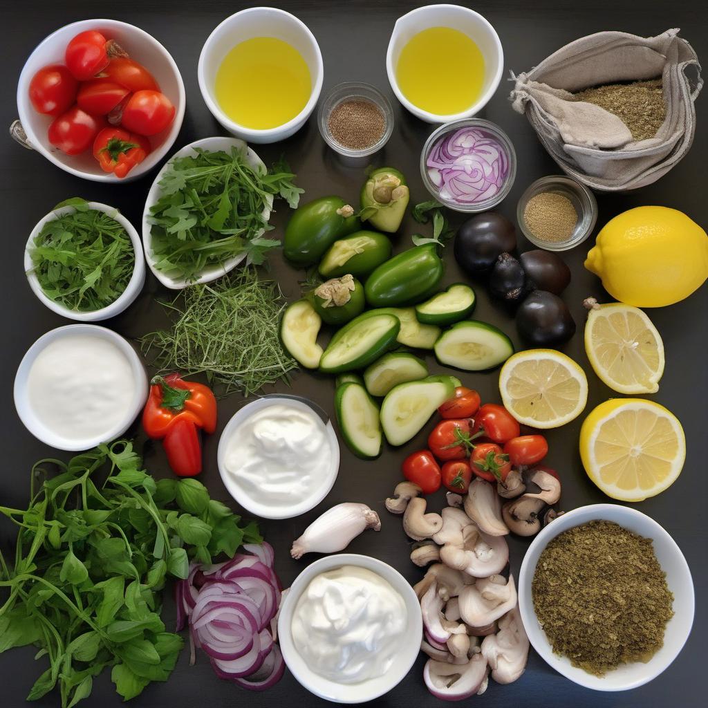 Items needed to answer the question, How do I make vegetarian Greek Souvlaki. Items include:  Olive oil  Lemon juice  Minced garlic cloves  Dried oregano  Salt  Black pepper  Vegetables (e.g., bell peppers, zucchini, red onion, cherry tomatoes, mushrooms)  Greek yogurt  Grated cucumber  Chopped fresh dill  Warm pita bread  Greek salad