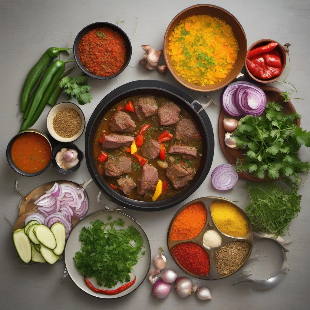 Items needed to answer the question, How do I make a flavorful Moroccan Tagine. Items include:  Meat  Moroccan spices  Onions  Garlic  Vegetables  Broth  Diced tomatoes  Saffron  Cilantro or parsley  Couscous or crusty bread
