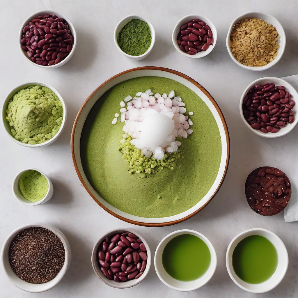 Items needed to answer the question, How do I whip up a matcha Green Tea Bingsu. Items include:  matcha powder  hot water  cooked sweet red beans  water  shaved ice  toasted sesame seeds
