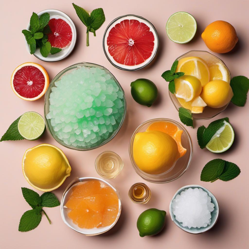 Items needed to answer the question, How do I surprise my guests with a refreshing Citrus Bingsu. Items include:  Shaved Ice  Orange  Grapefruit  Lemon  Lime  Mint Leaves  Honey
