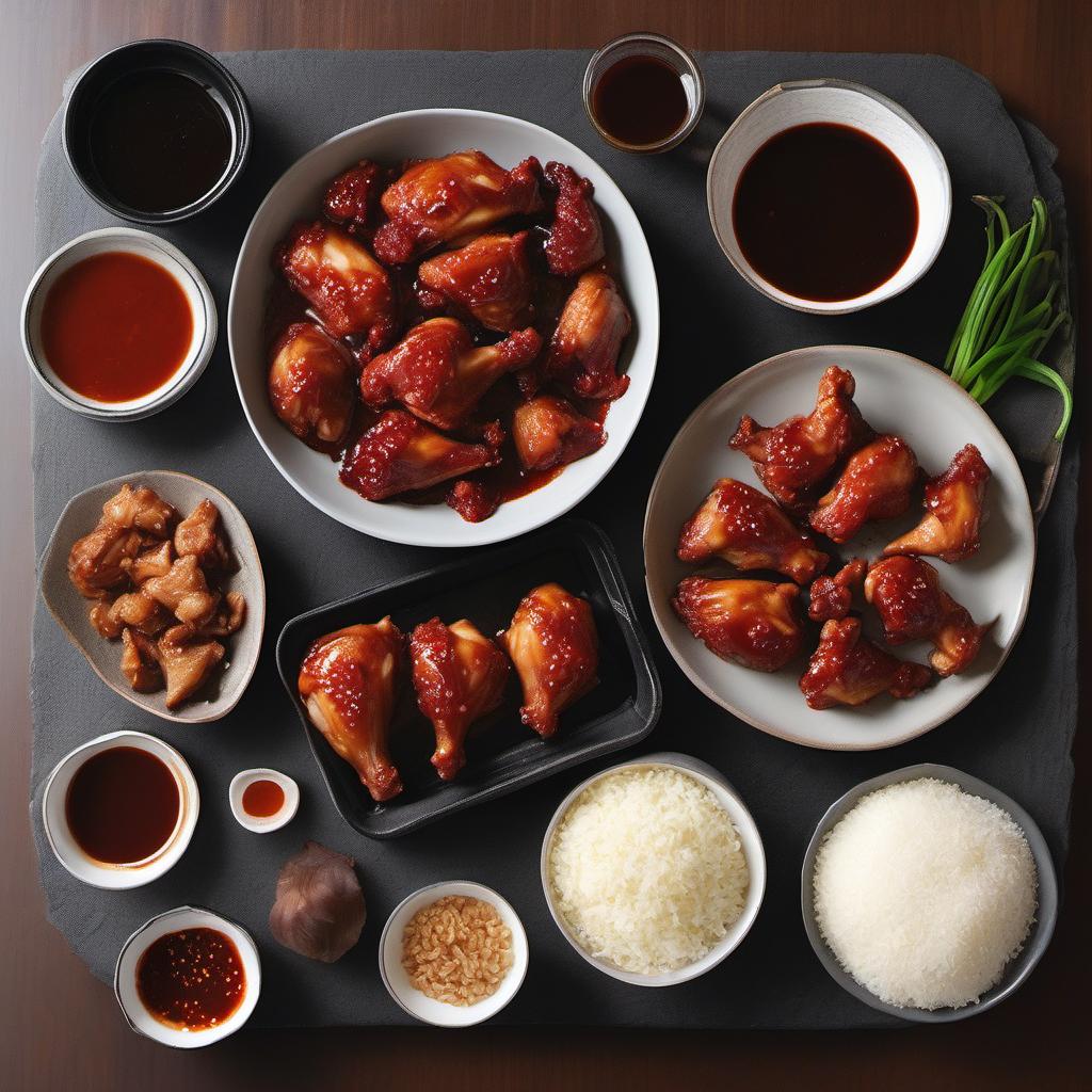 Items needed to answer the question, How do I make crispy Korean fried chicken tacos. Items include:  Chicken thigh pieces  Soy sauce  Gochujang (Korean chili paste)  Honey  Minced garlic  Grated ginger  All-purpose flour  Cornstarch  Garlic powder  Onion powder  Paprika  Salt  Black pepper