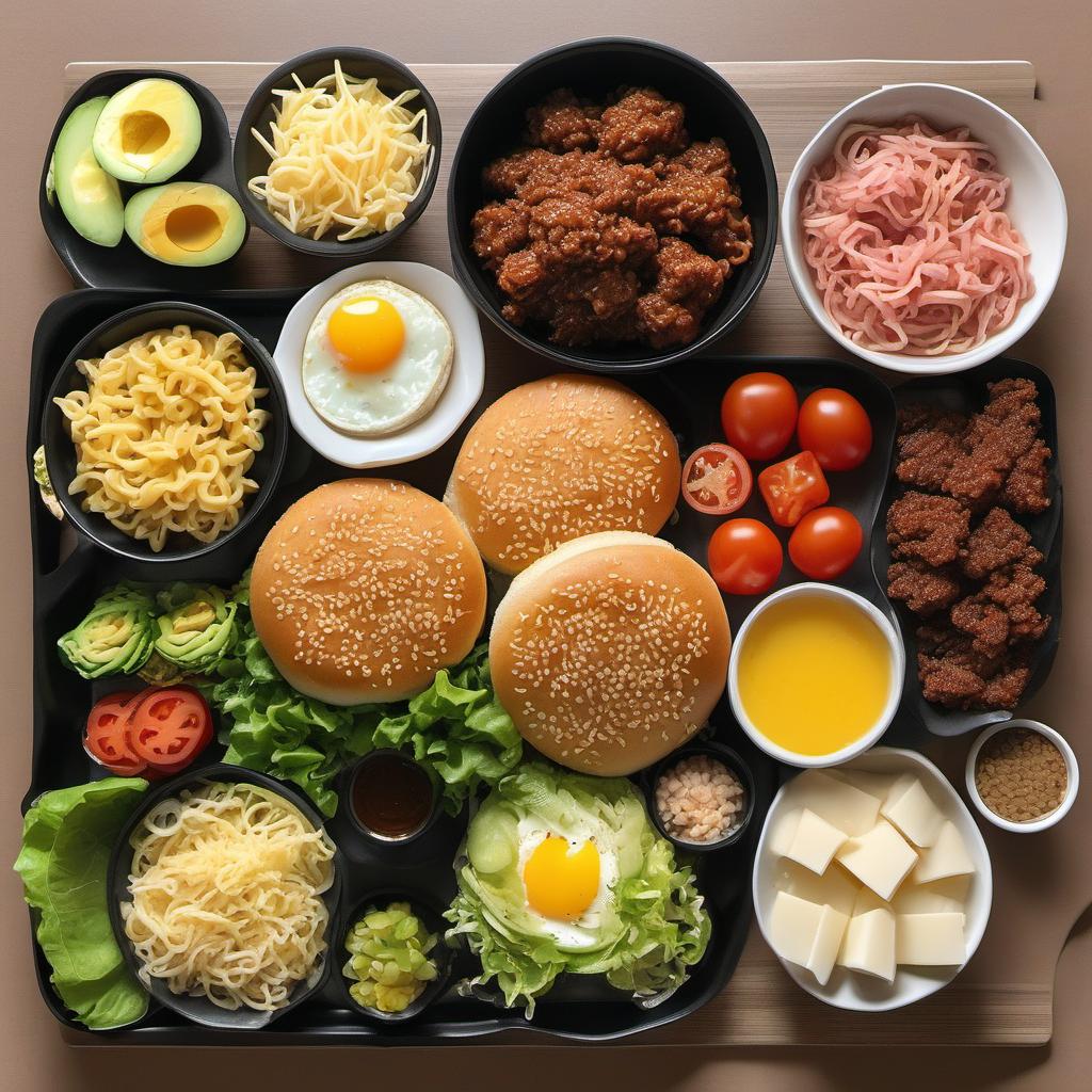 Items needed to answer the question, How do I cook a Ramen Burger patty. Items include:  Ramen noodles  Ground meat  Minced garlic  Soy sauce  Egg  Burger buns  Cheese, lettuce, tomato, and other toppings