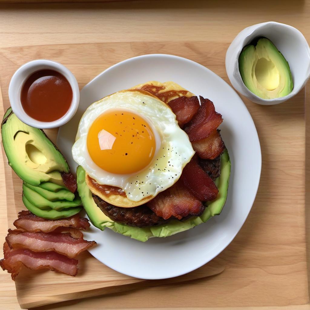 Items needed to answer the question, How do I add toppings to a Ramen Burger. Items include:  Ramen Burger Patties  Avocado  Bacon  Onions  Sriracha Mayo  Egg