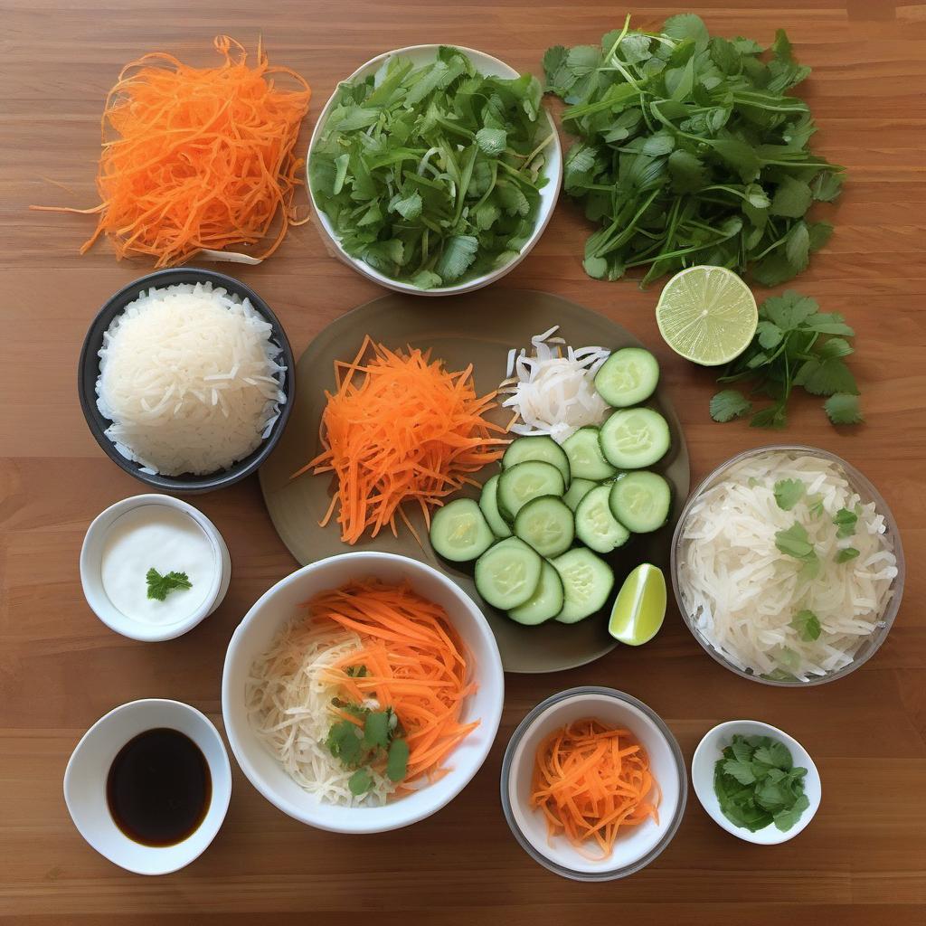 Items needed to answer the question, How do I make a vegetarian Phorrito. Items include:  Flour tortilla  Cooked rice noodles  Bean sprouts  Sliced carrots  Sliced cucumber  Fresh cilantro leaves  Fresh mint leaves  Fresh basil leaves  Soy sauce  Hoisin sauce  Lime