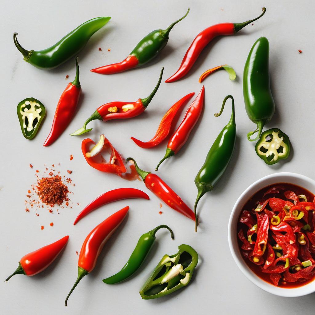 Items needed to answer the question, How do I spice up my Phorrito. Items include:  Sriracha sauce  Jalapeños  Hot sauce  Chili flakes  Habanero or Thai chili peppers
