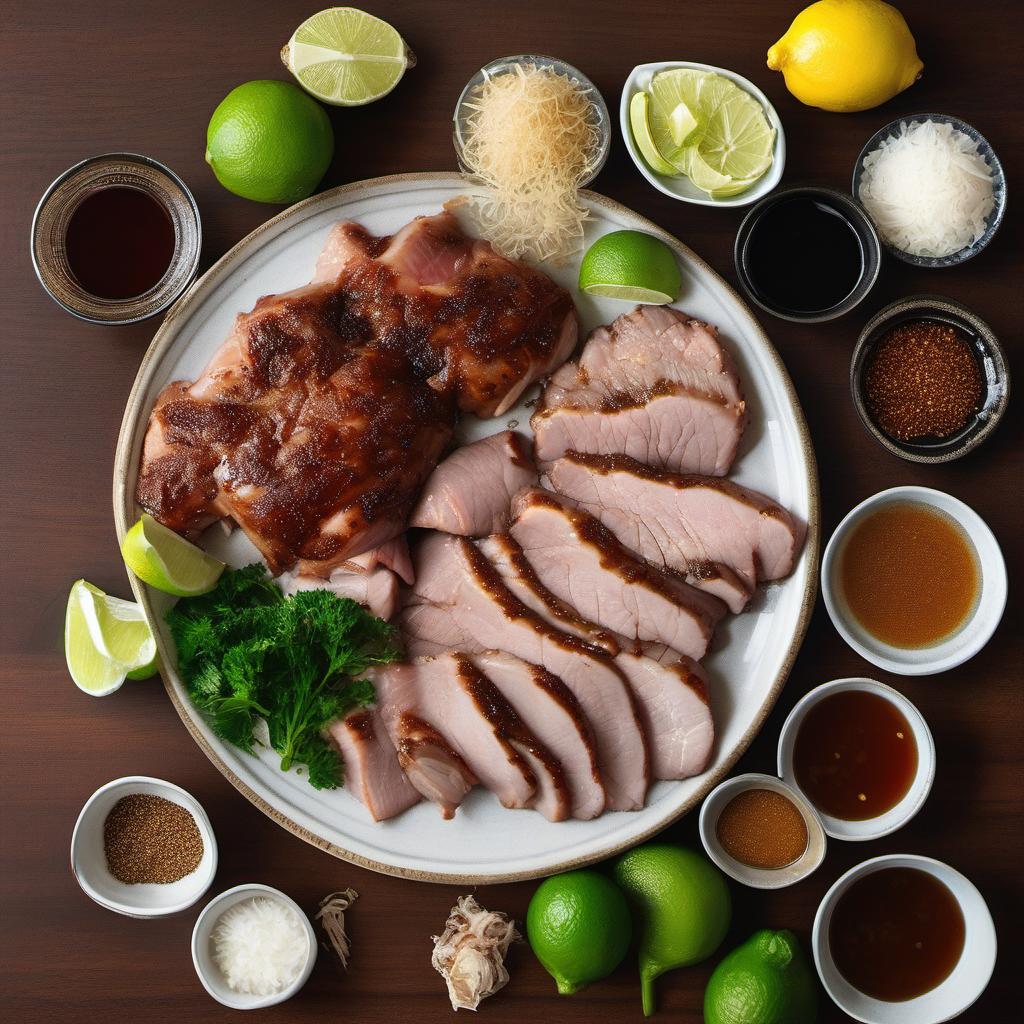 Items needed to answer the question, How do I marinate pork for Banh Mi Tacos. Items include:  Pork  Soy sauce  Fish sauce  Brown sugar  Lime juice  Garlic  Ginger  Black pepper