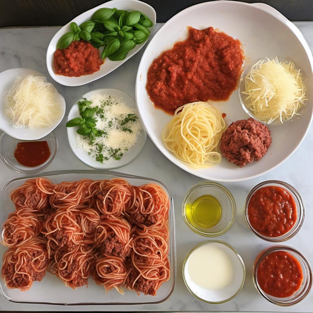 Items needed to answer the question, How do I make a Spaghetti Burger. Items include:  spaghetti  ground beef  breadcrumbs  grated Parmesan cheese  minced garlic  chopped parsley  salt  pepper  oil  burger buns  marinara sauce  shredded mozzarella cheese  fresh basil leaves