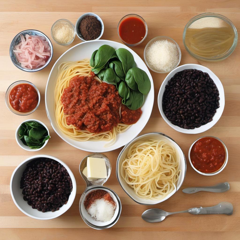 Items needed to answer the question, How do I make a vegetarian Spaghetti Burger. Items include:  Spaghetti  Black beans  Breadcrumbs  Onion  Garlic  Italian seasoning  Salt  Pepper  Marinara sauce  Mozzarella cheese  Baby spinach