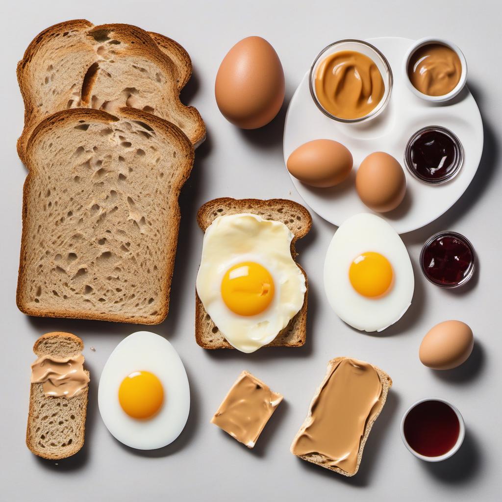 Items needed to answer the question, How do I whip up a peanut butter and jelly stuffed French Toast. Items include:  bread slices  peanut butter  jelly  eggs  milk  salt