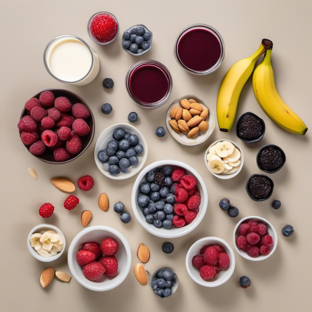 Items needed to answer the question, How do I make a delicious Acai Bowl. Items include:  Frozen Acai packets  Ripe banana  Frozen berries  Almond milk  Honey  Toppings of your choice