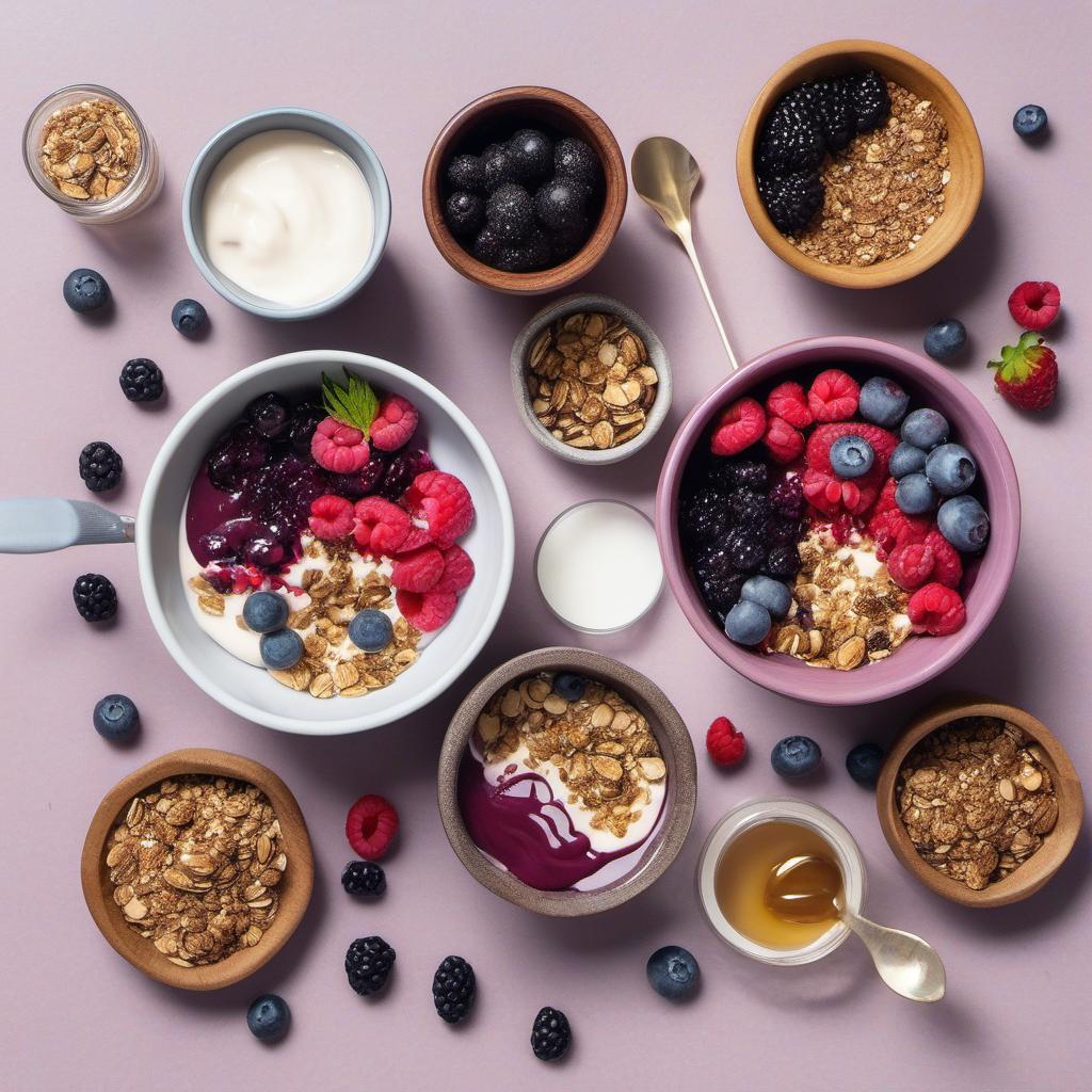 Items needed to answer the question, How do I make an Acai Bowl for beginners. Items include:  frozen bananas  frozen mixed berries  frozen Acai puree  liquid of choice  granola  chia seeds  honey  fresh berries