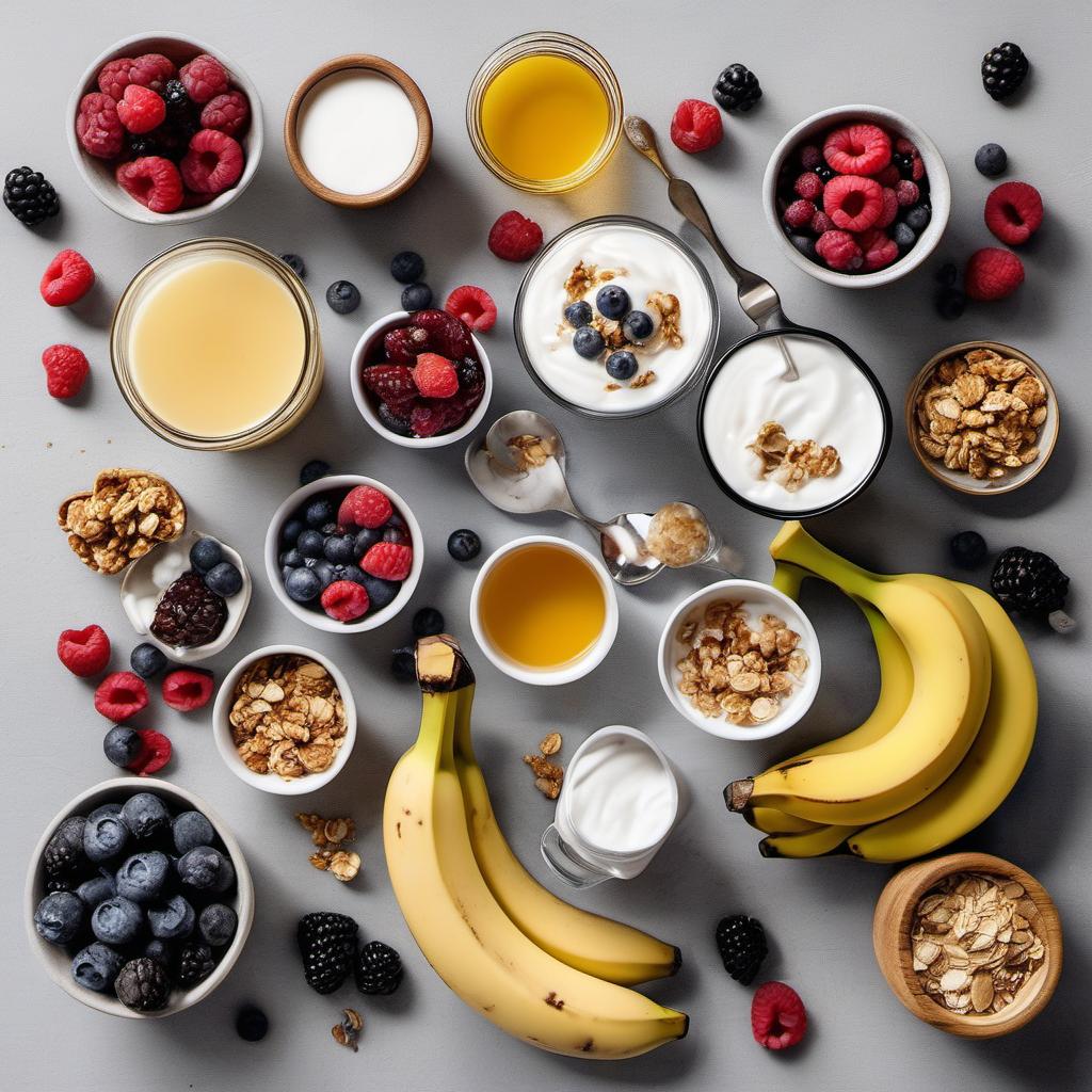 Items needed to answer the question, How do I make an Acai Bowl without acai powder. Items include:  Mixed berries  Honey or maple syrup  Frozen banana  Greek yogurt or coconut milk  Toppings (e.g., sliced bananas, granola, chopped nuts, coconut flakes, honey)