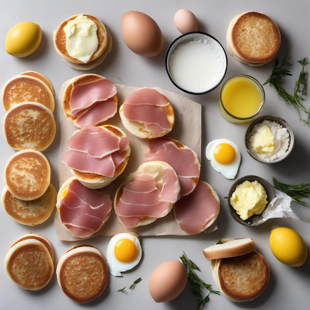 Items needed to answer the question, How do I make a gourmet Eggs Benedict. Items include:  English Muffins  Eggs  Unsalted Butter  Lemon Juice  Salt  Canadian Bacon