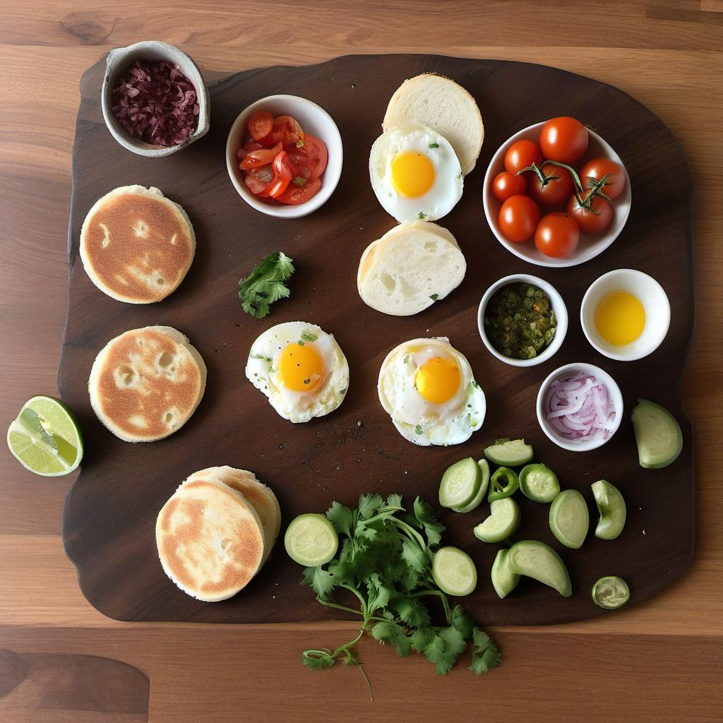 Items needed to answer the question, How do I create a Mexican twist on Eggs Benedict. Items include:  English muffins  Chorizo  Tomatoes  Onions  Jalapeños  Cilantro  Lime juice  Salt  Pepper  Eggs