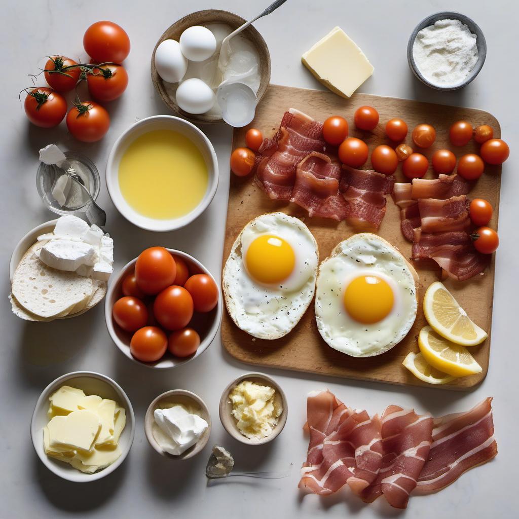 Items needed to answer the question, How do I create a Mediterranean twist on Eggs Benedict. Items include:  Tomatoes  Bacon  Butter  Egg yolks  Lemon juice  Salt  English muffins  Feta cheese  Eggs  White vinegar