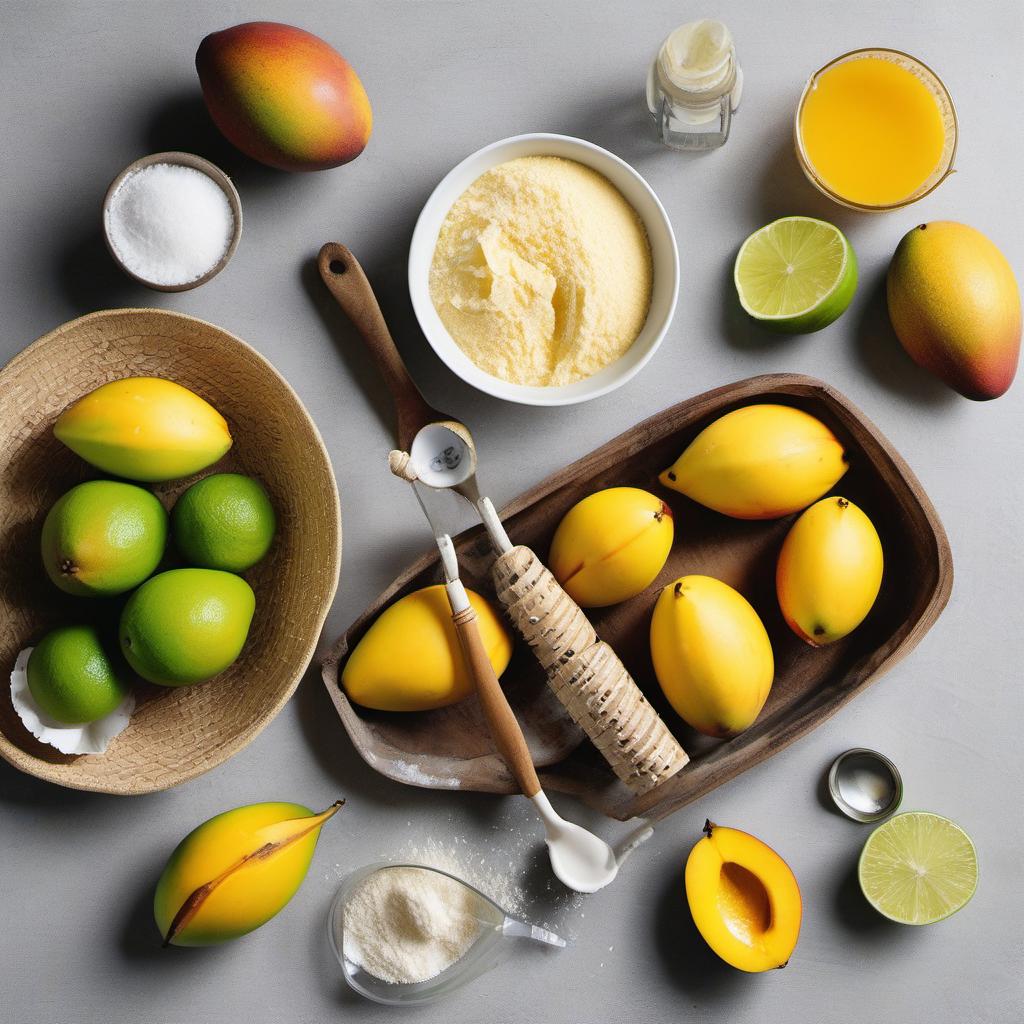 Items needed to answer the question, How do I whip up Mango Coconut Smoothie Pancakes. Items include:  Mango  Coconut Milk  Honey  Lime Juice  All-purpose Flour  Sugar  Baking Powder  Salt  Coconut Flakes