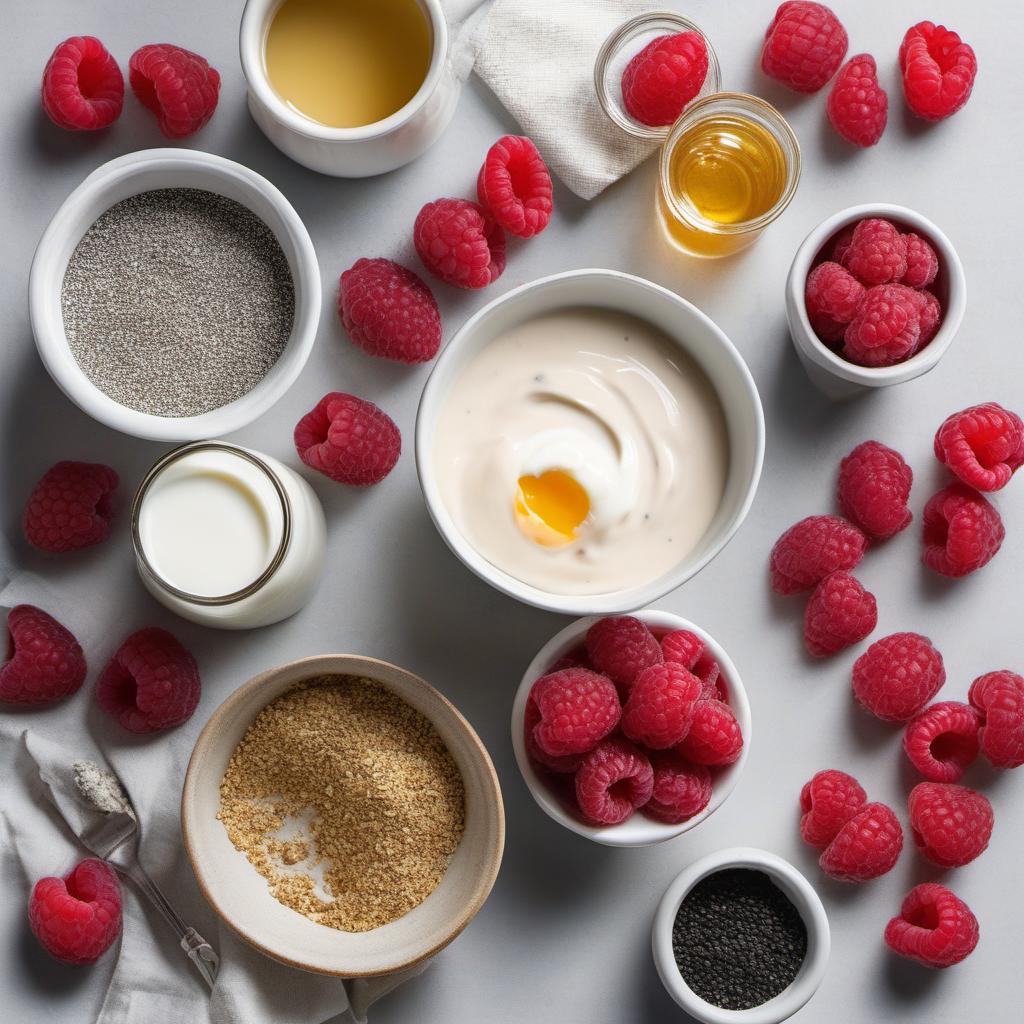 Items needed to answer the question, How do I cook Raspberry Chia Smoothie Pancakes. Items include:  Raspberries  Chia seeds  Almond milk  Honey  All-purpose flour  Sugar  Baking powder  Salt  Egg  Greek yogurt