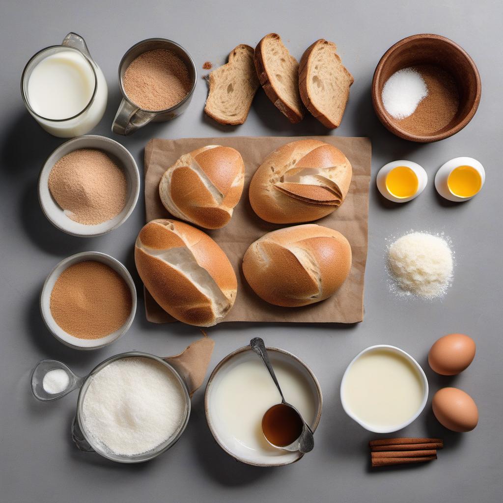 Items needed to answer the question, How do I turn leftover bread into French Toast Casserole. Items include:  Leftover Bread  Eggs  Milk  Granulated Sugar  Vanilla Extract  Ground Cinnamon  Salt