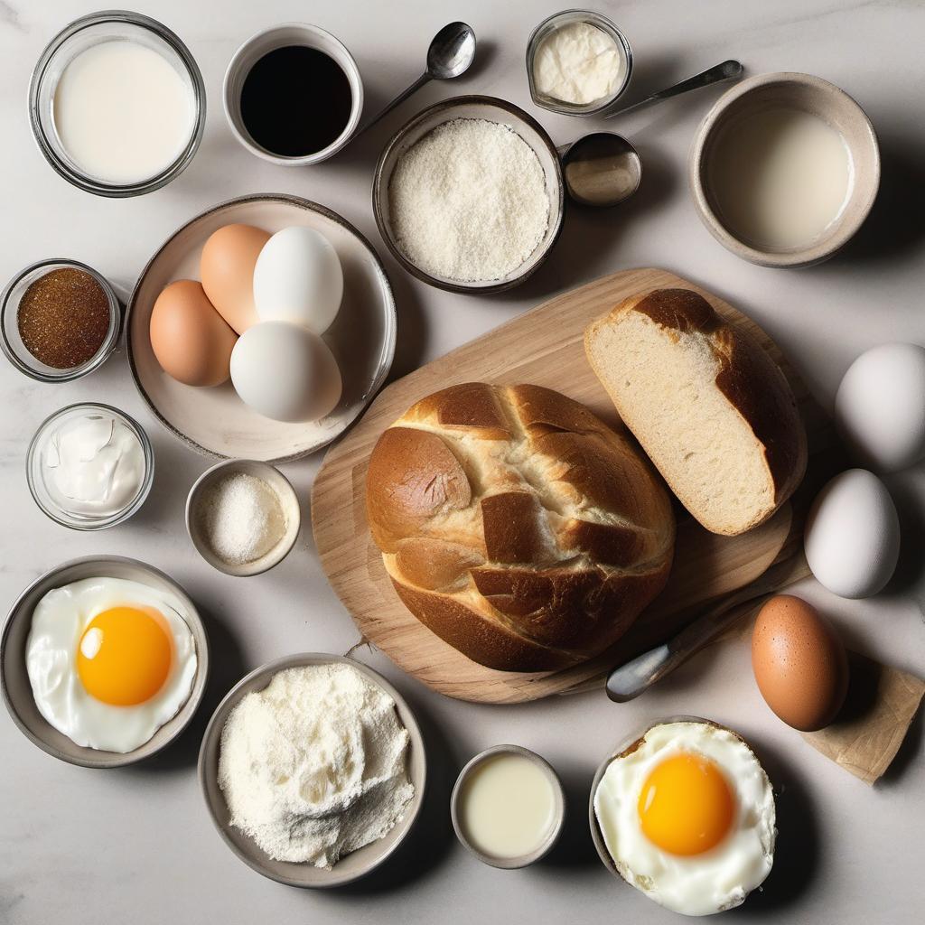 Items needed to answer the question, How do I make a festive French Toast Casserole for holidays. Items include:  Bread  Eggs  Milk  Heavy Cream  Granulated Sugar  Vanilla Extract  Salt