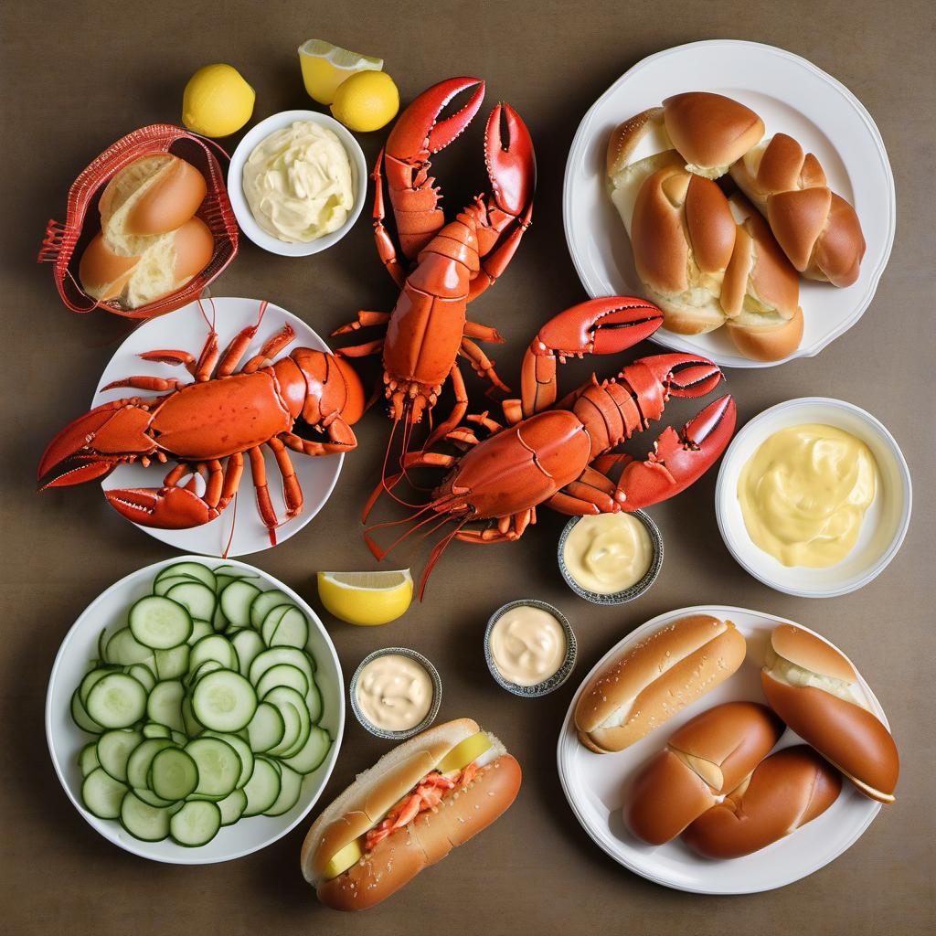Items needed to answer the question, How do I prepare a Lobster Roll. Items include:  Lobsters  Mayonnaise  Lemon juice  Dijon mustard  Chopped chives  Salt  Pepper  Hot dog buns  Butter  Optional: Lettuce and thinly sliced cucumber
