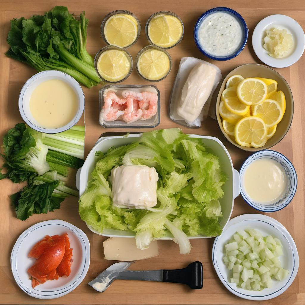 Items needed to answer the question, How do I make a lobster salad for a Lobster Roll. Items include:  Mayonnaise  Lemon juice  Celery  Green onions  Salt  Pepper  Live lobsters  Fresh buttered rolls  Lettuce