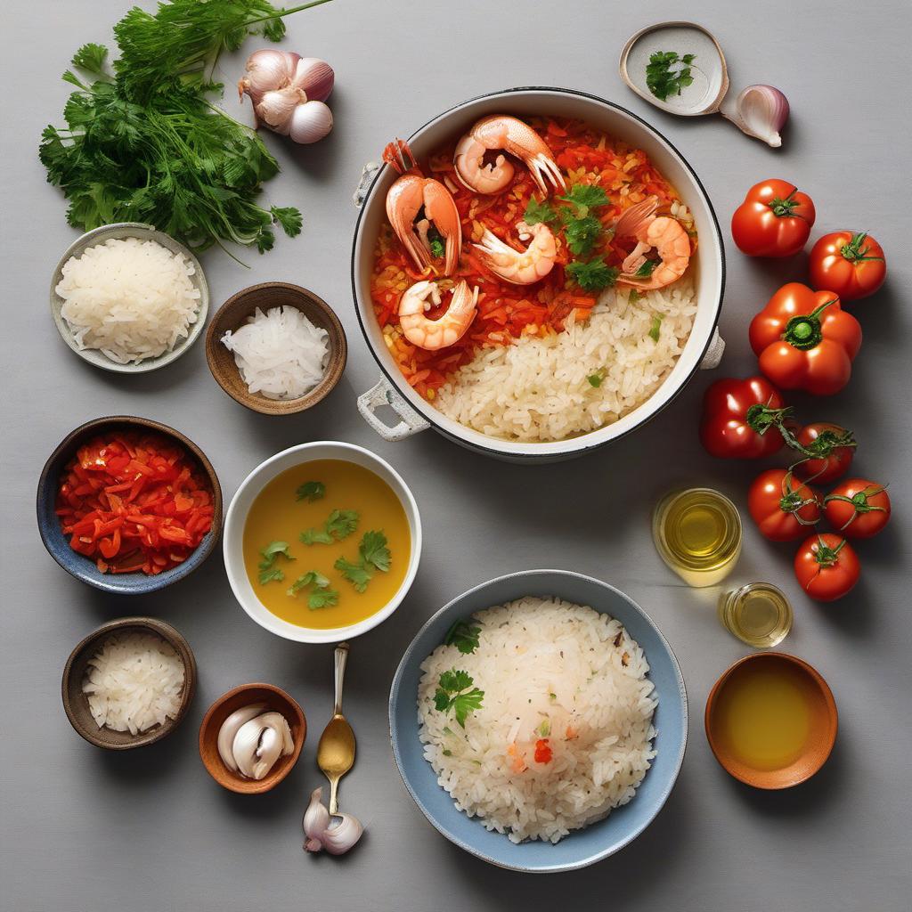 Items needed to answer the question, How do I cook a seafood paella for a romantic dinner. Items include:  Arborio rice  Assorted seafood  Onion  Red bell pepper  Garlic cloves  Tomatoes  Smoked paprika  Saffron threads  Chicken or seafood broth  Olive oil  Fresh parsley