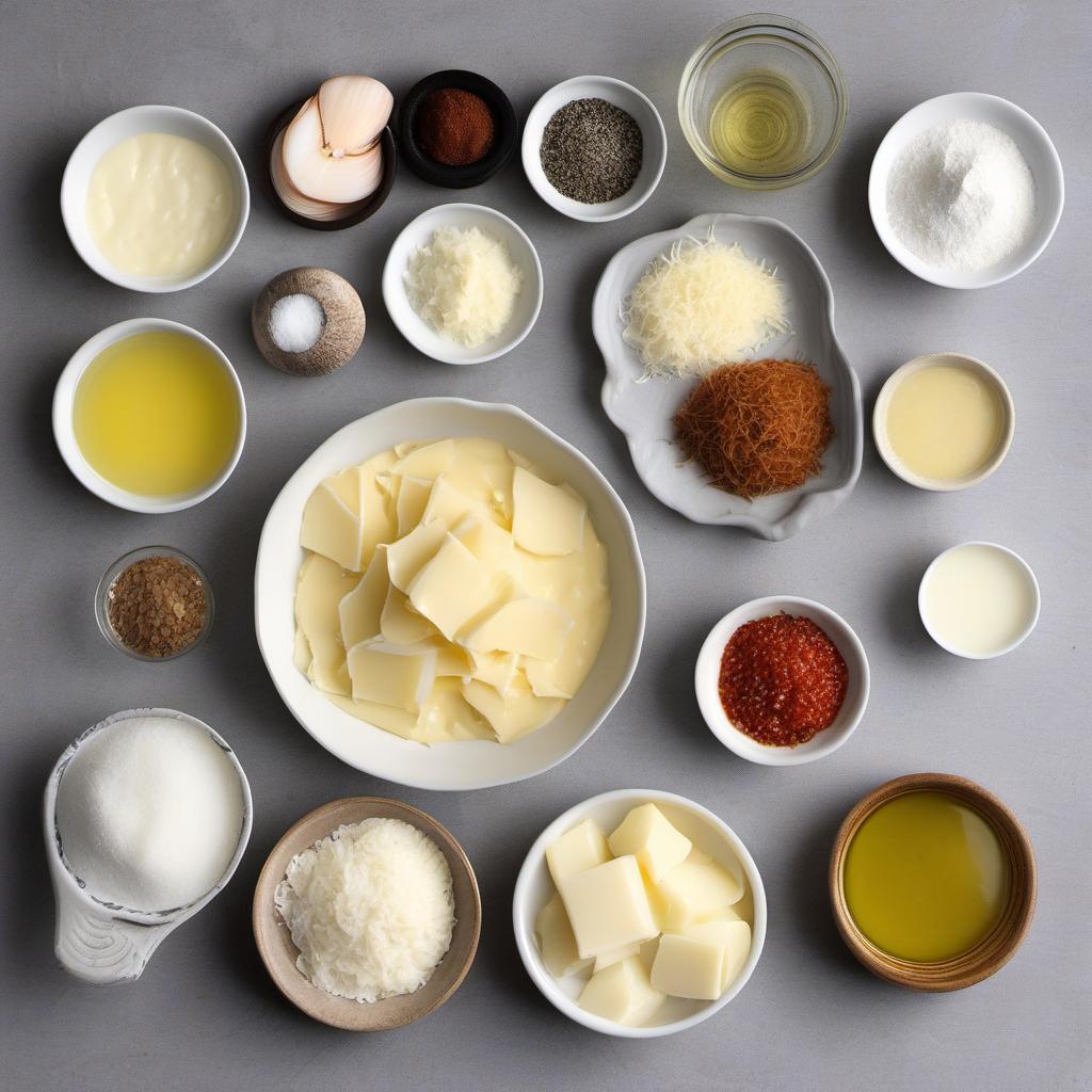 Items needed to answer the question, How do I bake a delightful Scallop Casserole. Items include:  butter  all-purpose flour  milk  salt  pepper  pinch of nutmeg  olive oil  onion  garlic cloves  scallops  shredded Gruyere cheese