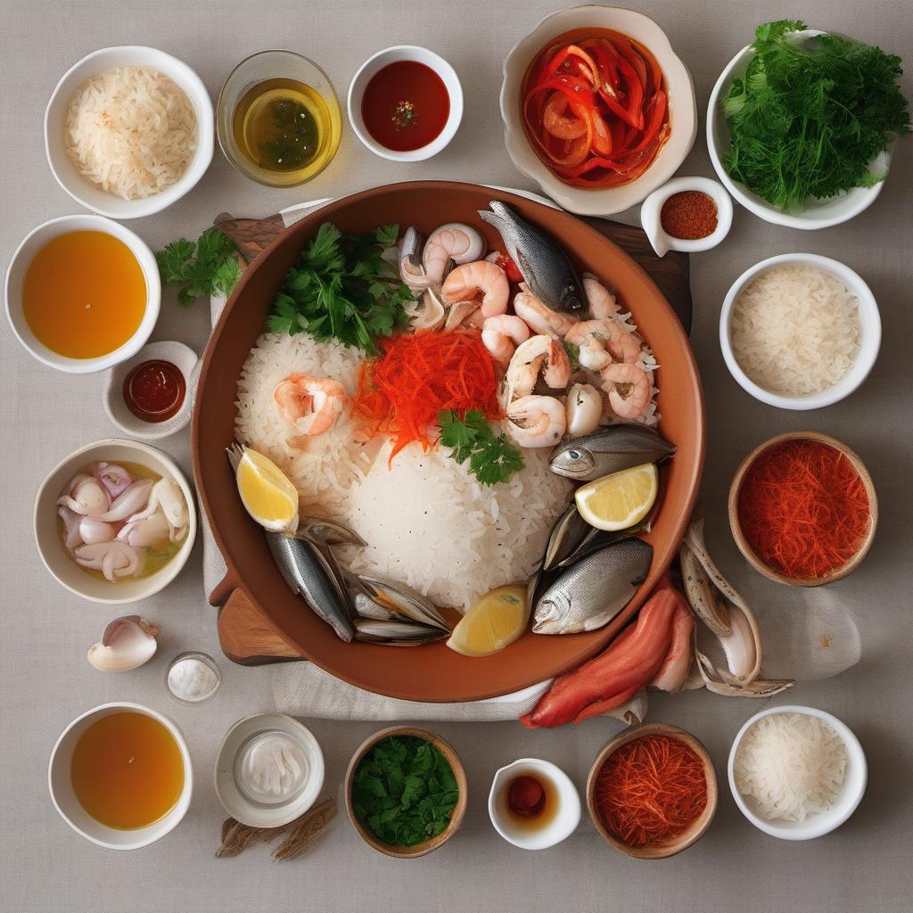 Items needed to answer the question, How do I create a spectacular Seafood Paella. Items include:  Rice  Mixed Seafood  Onion  Garlic Cloves  Red Bell Pepper  Tomato  Paprika  Saffron Threads  Chicken or Fish Broth  Fresh Parsley