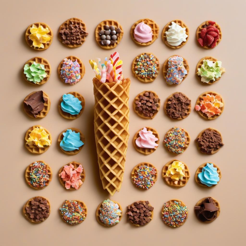 Items needed to answer the question, How do I make a fish-shaped cone with ice cream. Items include:  Waffle cones  Fish-shaped cookie cutter  Chocolate chips or candy melts  Toppings (sprinkles, pearls, crushed candies)