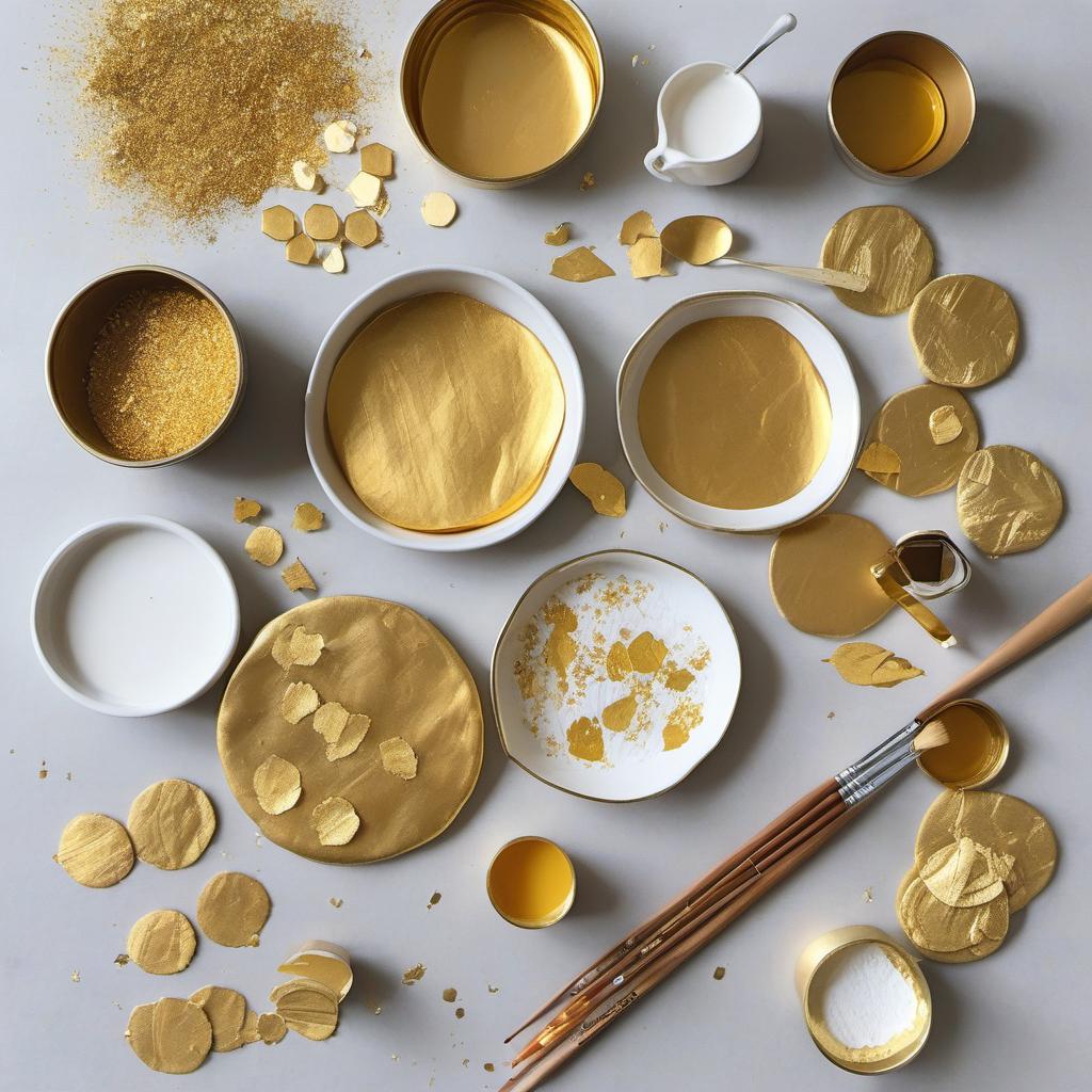 Items needed to answer the question, How do I add edible gold accents to my embellished cookies. Items include:  Embellished cookies  Edible gold leaf sheets  Clean and dry paintbrush  Small bowl
