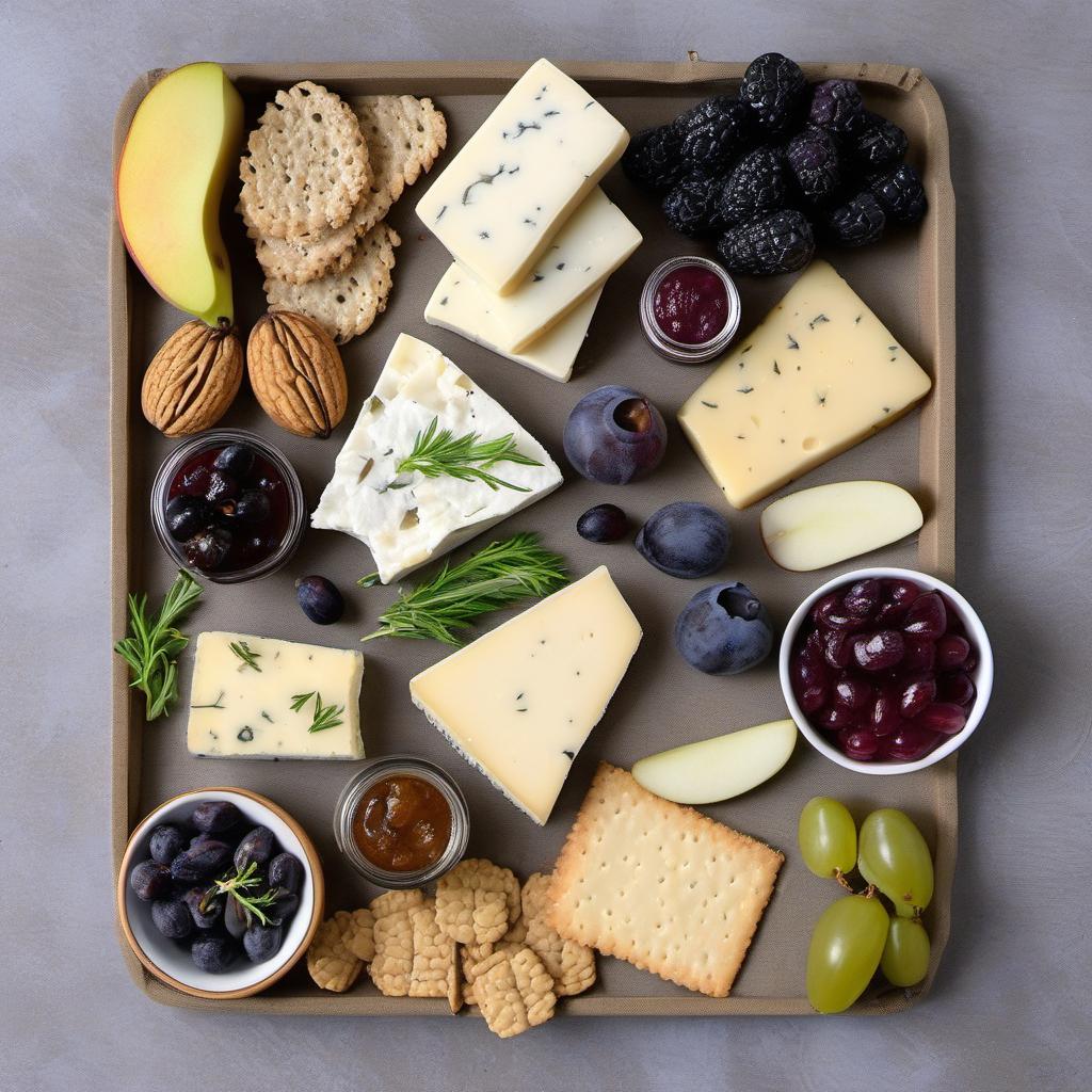 Items needed to answer the question, How do I create a delicious vegan cheese plate. Items include:  Variety of Vegan Cheeses  Crackers  Fresh Berries or Grapes  Assorted Nuts  Olives  Apple or Pear  Fig Jam or Chutney  Fresh Herbs or Edible Flowers