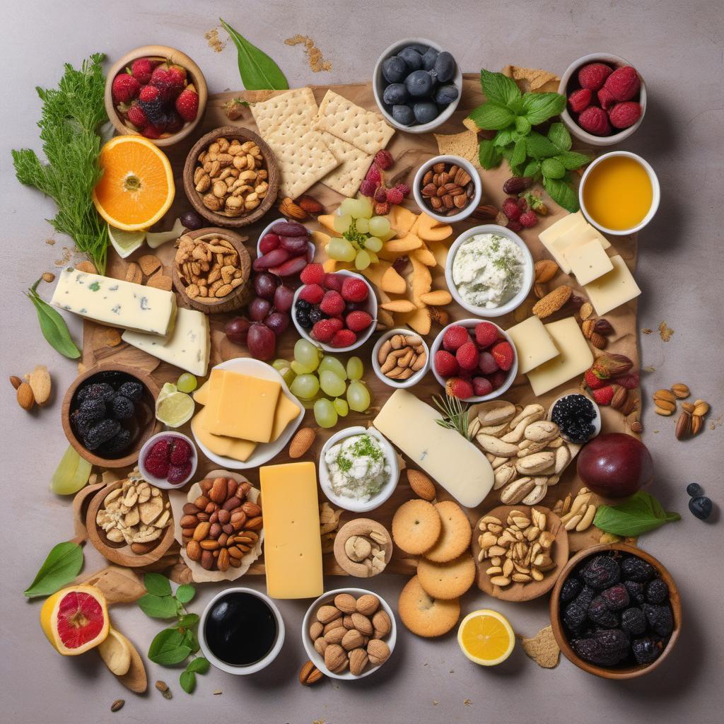 Items needed to answer the question, How do I assemble a visually appealing vegan cheese plate. Items include:  Vegan Cheese  Fruits and Vegetables  Crackers and Breadsticks  Nuts and Dried Fruits  Fresh Herbs