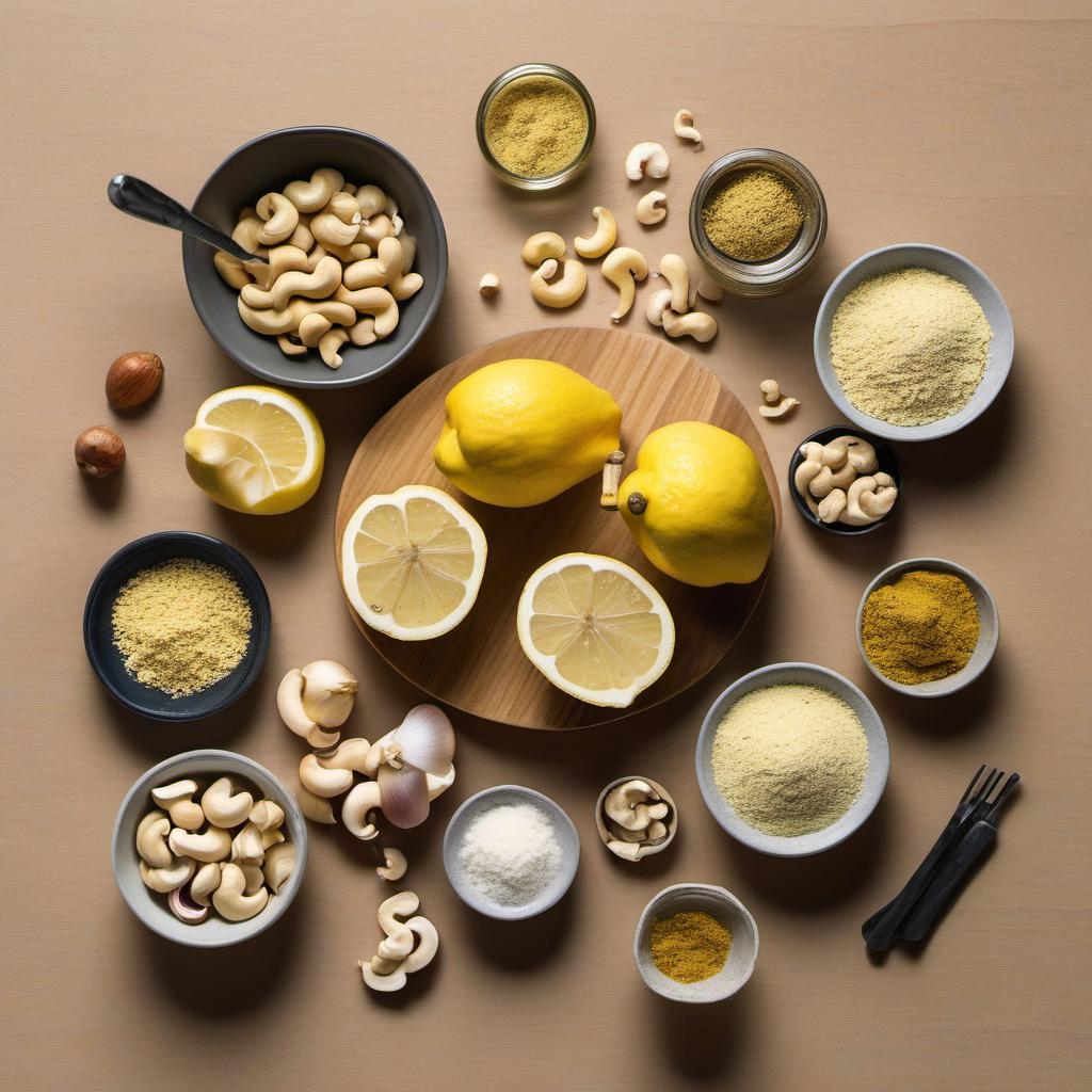 Items needed to answer the question, How do I make vegan cheese sauces for dipping on my cheese plate. Items include:  Raw Cashews  Nutritional Yeast  Garlic  Lemon Juice  Dijon Mustard  Onion Powder  Garlic Powder  Salt