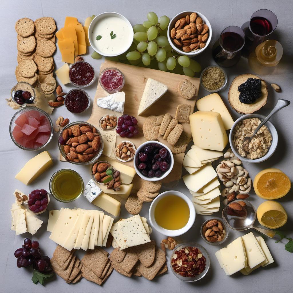 Items needed to answer the question, How do I create a vegan cheese plate with international flavors. Items include:  Vegan Cheeses  Dips and Spreads  Crackers and Bread  Fruits  Nuts  Herbs and Spices  Wine