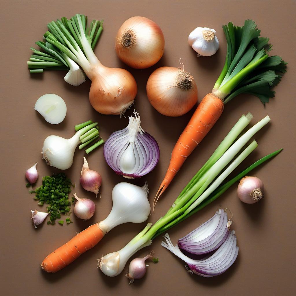 Items needed to answer the question, How do I make creamy vegan ramen. Items include:  onion  garlic  carrot  green onions