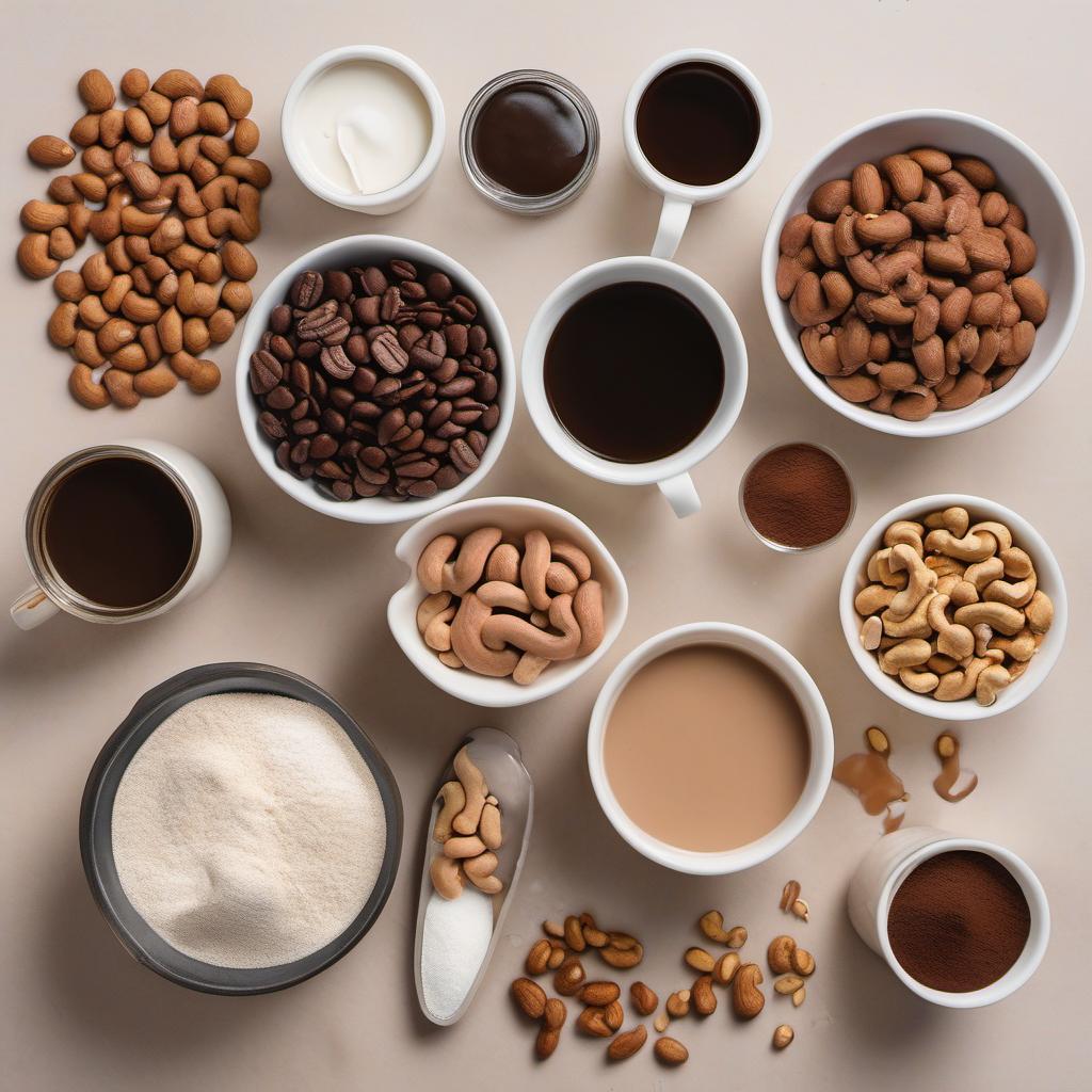 Items needed to answer the question, How do I make Vegan Tiramisu ice cream. Items include:  Cashews  Almond Milk  Maple Syrup  Instant Coffee Powder  Vanilla Extract  Salt  Cocoa Powder  Strong Brewed Coffee