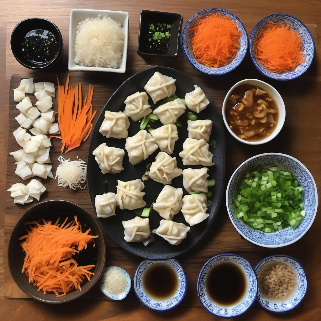 Items needed to answer the question, How do I cook vegan potstickers. Items include:  Minced tofu  Finely chopped mushrooms  Shredded carrots  Chopped scallions  Minced garlic  Soy sauce  Sesame oil  Black pepper  Potsticker wrappers  Oil  Water