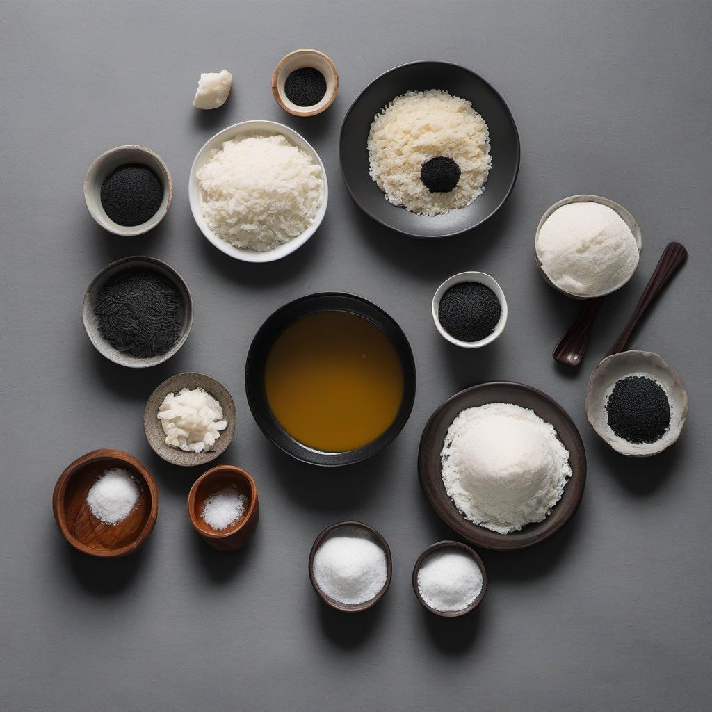 Items needed to answer the question, How do I make vegan sesame balls. Items include:  glutinous rice flour  sugar  salt  water  sweetened black sesame paste  vegetable oil