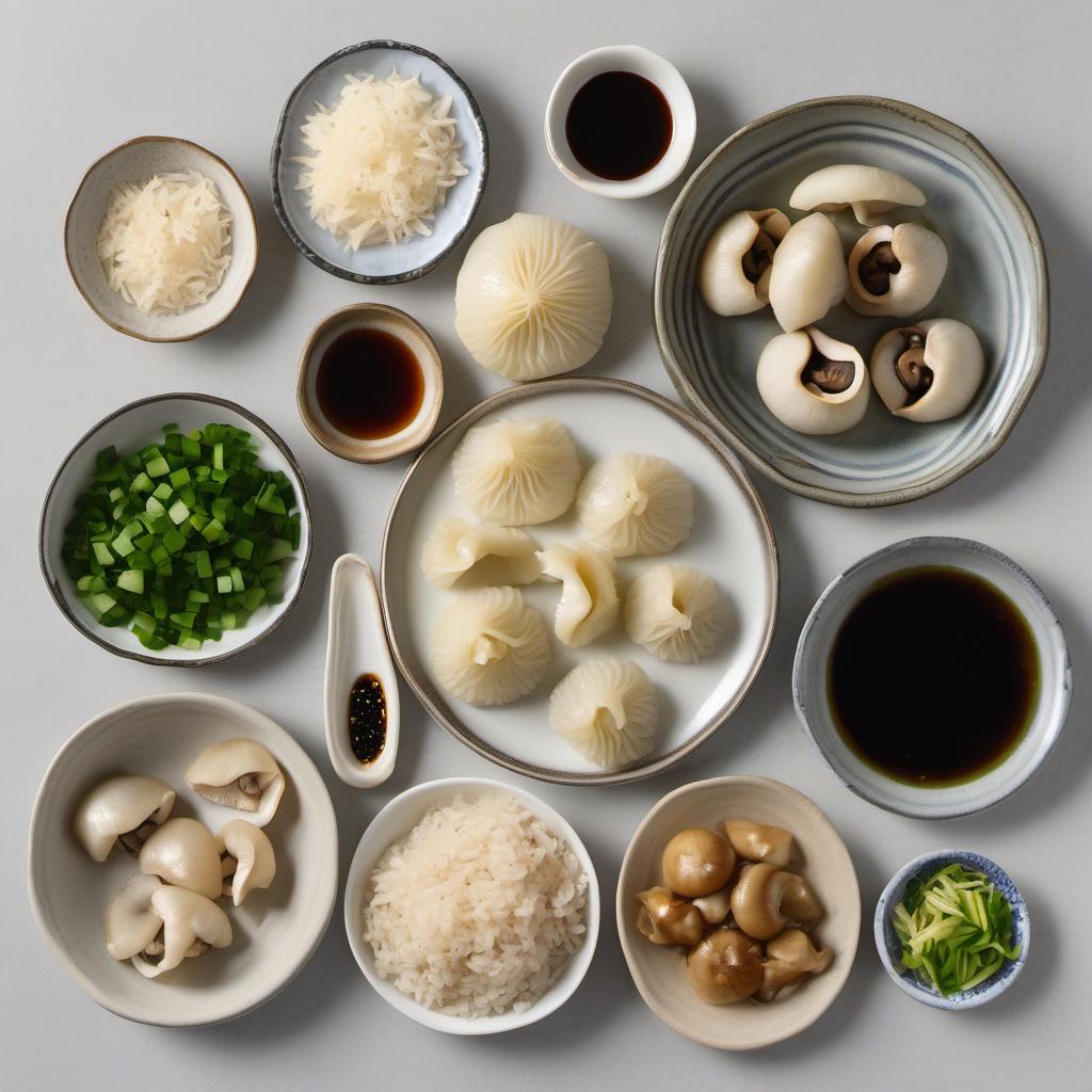 Items needed to answer the question, How do I cook vegan mushroom siu mai. Items include:  Mushrooms  Garlic  Ginger  Green onions  Soy sauce  Sesame oil  Rice vinegar  Sugar  Black pepper  Dumpling wrappers